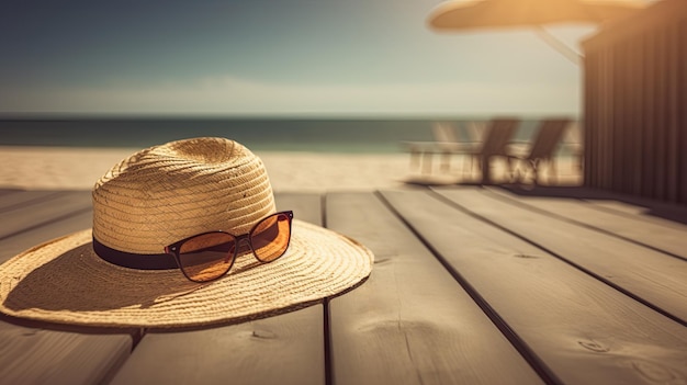 Un sombrero y gafas de sol sobre una mesa con una sombrilla de playa al fondo