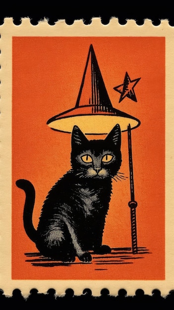 Foto sombrero de gato negro lindo sello postal retro vintage 1930 halloweens calabaza ilustración escaneo cartel