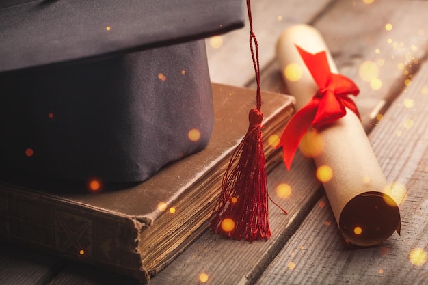 Sombrero de graduación y diploma sobre fondo de madera