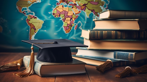 Sombrero de graduación y libros en una mesa de madera con un mapa del mundo en el fondo