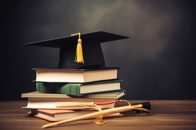 sombrero de graduación y pila de libros en la mesa concepto educativo
