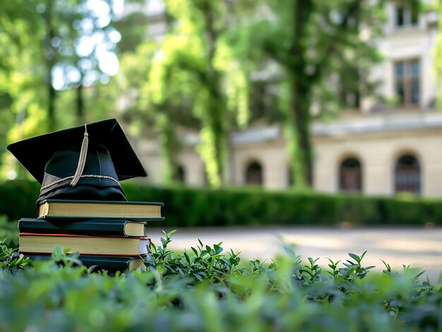 Sombrero de graduación y pila de libros sobre antecedentes universitarios