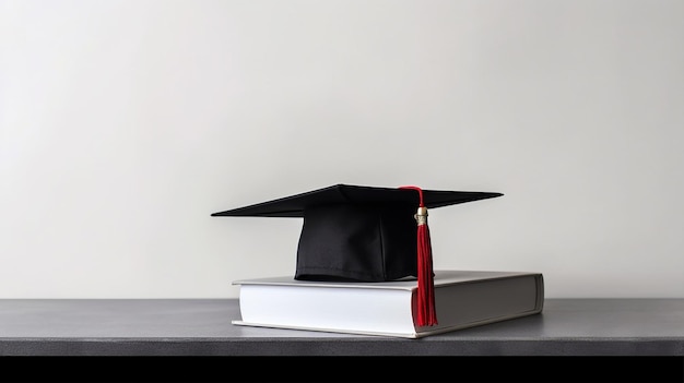 sombrero de graduación y pila de libros sobre fondo blanco con espacio de copia