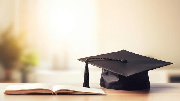 Sombrero de graduado con diploma en la mesa con fondo de espacio de copia