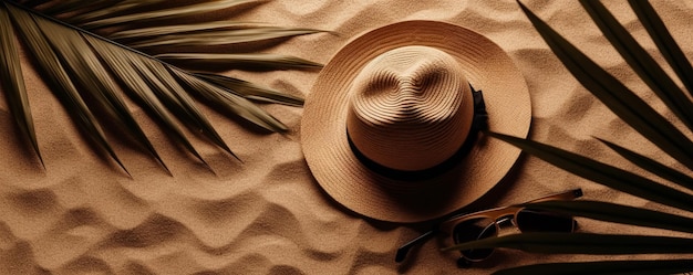 sombrero y hojas de palma en la playa de arena