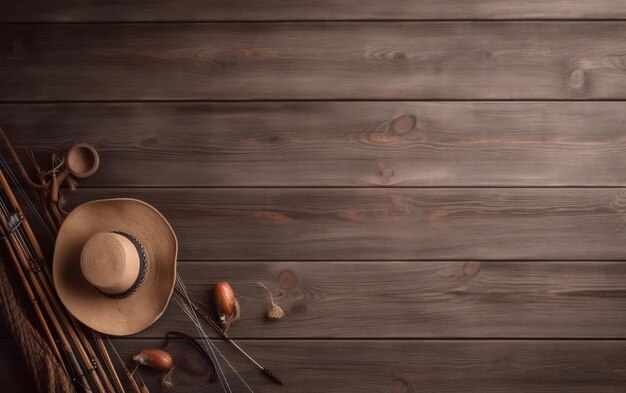 Un sombrero y hojas sobre una mesa de madera.