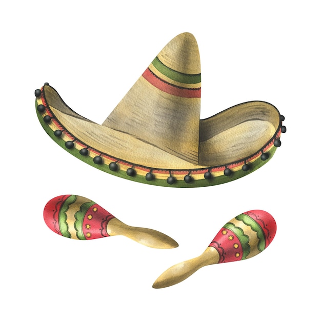 Sombrero-Hut mit rotem und grünem Muster mit mexikanischen Maracas. Aquarell-Illustration, handgezeichneter Satz isolierter Elemente auf weißem Hintergrund