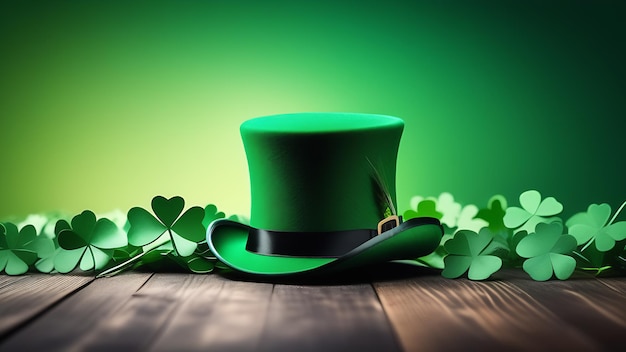 Sombrero irlandés verde en la mesa de madera hojas de trébol para el día de San Patricio 17 de marzo