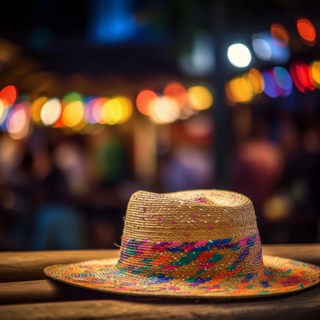 Un sombrero con luces de colores se sienta sobre una mesa de madera