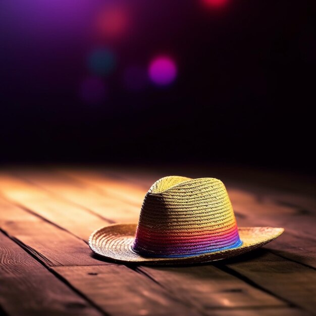 Foto un sombrero con luces de colores se sienta sobre una mesa de madera