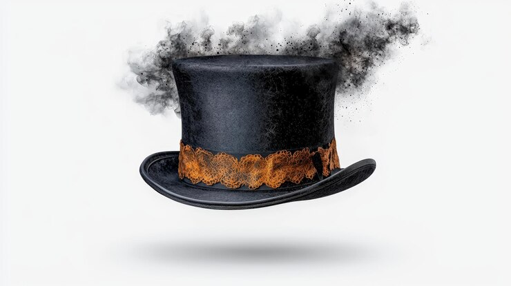 Sombrero mágico con efecto de humo levitando contra un fondo blanco aislado