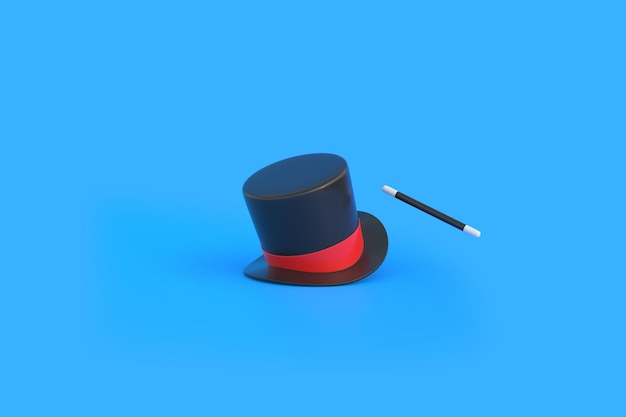 Sombrero de mago con cinta roja y varita mágica sobre un fondo azul ilustración 3D