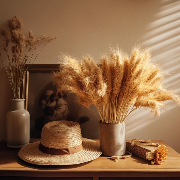 Foto sombrero en la mesa con decoración de trigo seco
