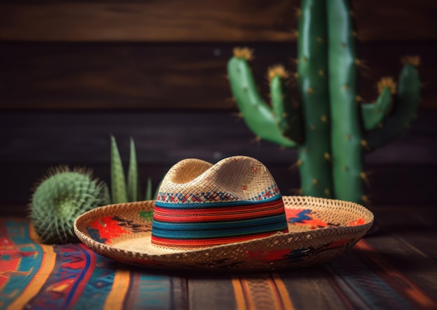 Un sombrero mexicano con un cactus al fondo