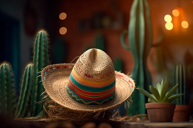 Sombrero mexicano y cactus IA generativa