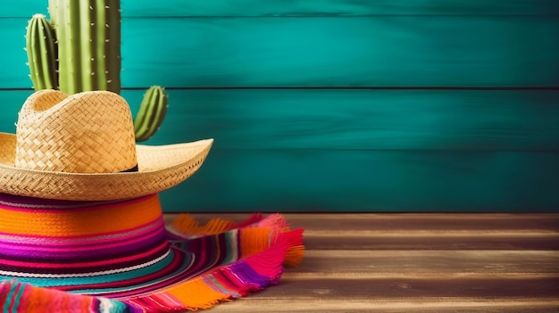 Un sombrero mexicano descansa sobre un suelo de madera junto a un fondo turquesa brillante.