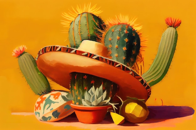 Sombrero mexicano con maracas y cactus de papel sobre fondo amarillo Efecto de pintura al óleo Generativo Ai