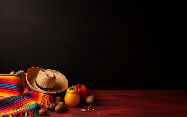 Un sombrero mexicano y un sombrero mexicano con comida mexicana en una mesa roja.