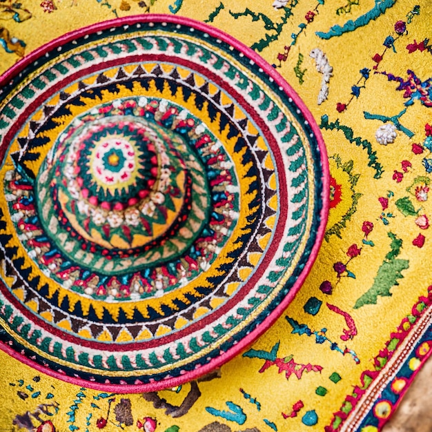 Sombrero mexicano tradicional multicolor sobre alfombra amarilla