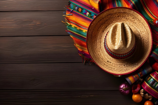 Sombrero de México y otras cosas auténticas del Cinco de mayo Fondo de madera