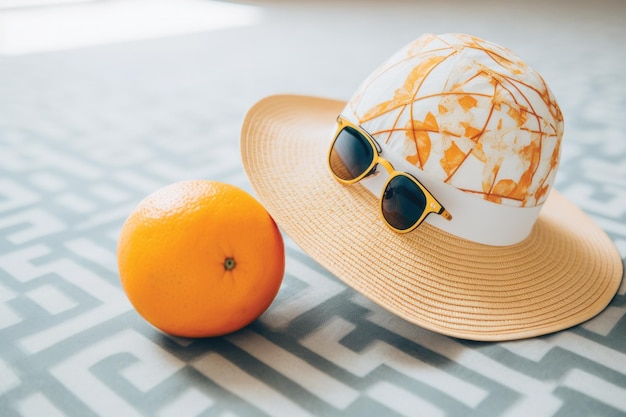 Un sombrero con una naranja al lado del sombrero de una mujer.