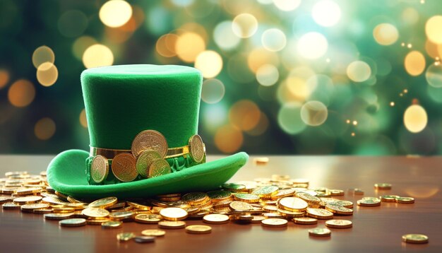 Sombrero y olla del Día de San Patricio con monedas de oro en un fondo verde brillante