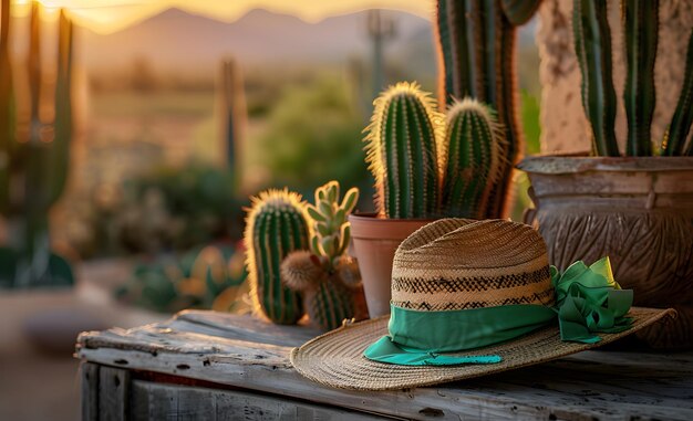 Foto sombrero de paja y cactus en el desierto al atardecer