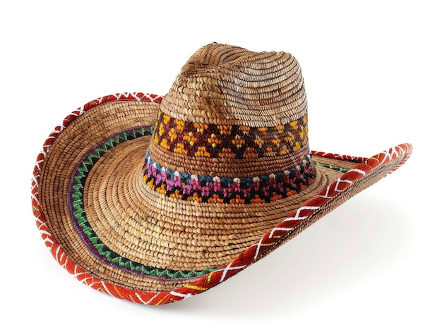 Foto sombrero de paja colorido con banda roja el sombrero está decorado con una variedad de colores y patrones