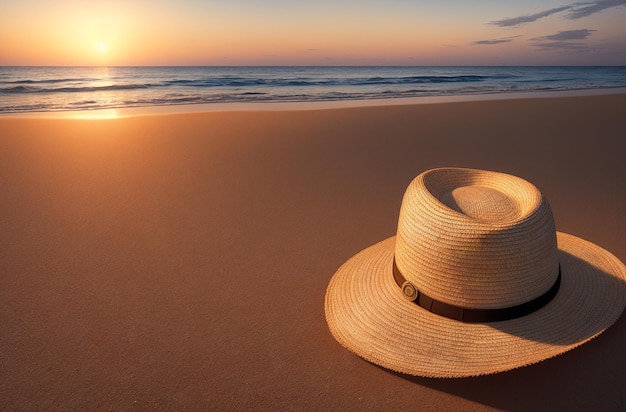 Un sombrero de paja se encuentra en la arena de la playa contra el fondo del mar durante la puesta de sol AI generativa