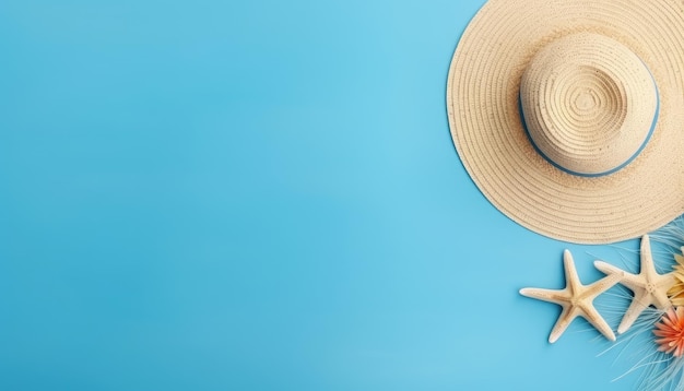 Sombrero de paja y estrella de mar colocados frente al tema de viajes de verano de fondo azul