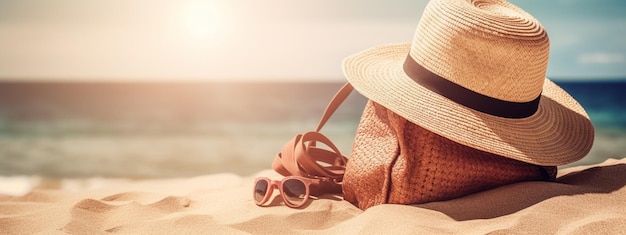 sombrero de paja gafas de sol y bolsa en un fondo arenoso fondo marino IA generativa