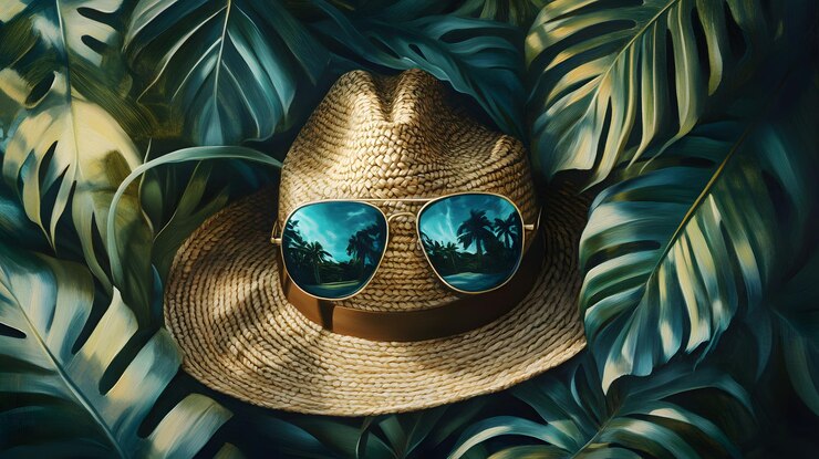 Sombrero de paja y gafas de sol en el exuberante follaje tropical