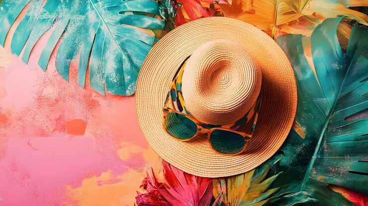 Un sombrero de paja con gafas de sol y hojas tropicales en un fondo rosa