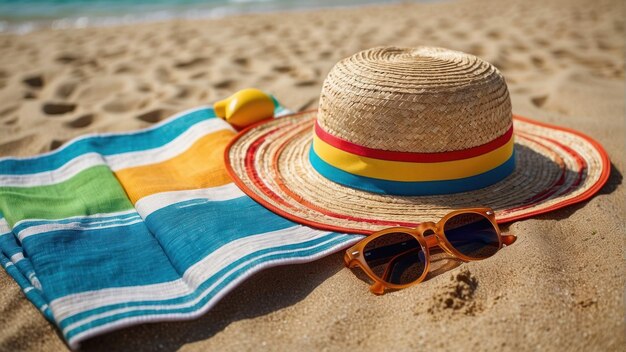 Foto sombrero de paja y gafas de sol en la playa de arena