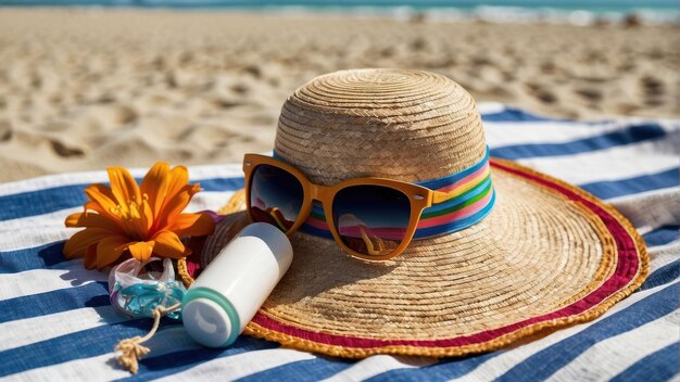 Foto sombrero de paja y gafas de sol en la playa de arena