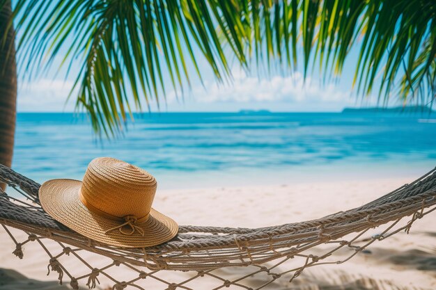 Un sombrero de paja en una hamaca con una playa de arena y un mar azul tranquilo en el fondo