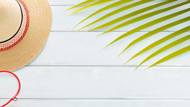 Foto un sombrero de paja y una hoja de palma sobre un fondo de madera blanca