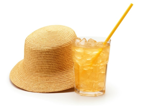 Sombrero de paja junto a una bebida con una paja en una superficie blanca o clara PNG fondo transparente