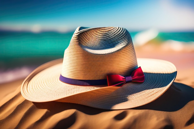 Sombrero de paja para mujer con lazo y gafas de sol en el fondo de una playa de guijarros
