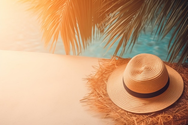 Sombrero de paja en una piscina con palmeras al fondo