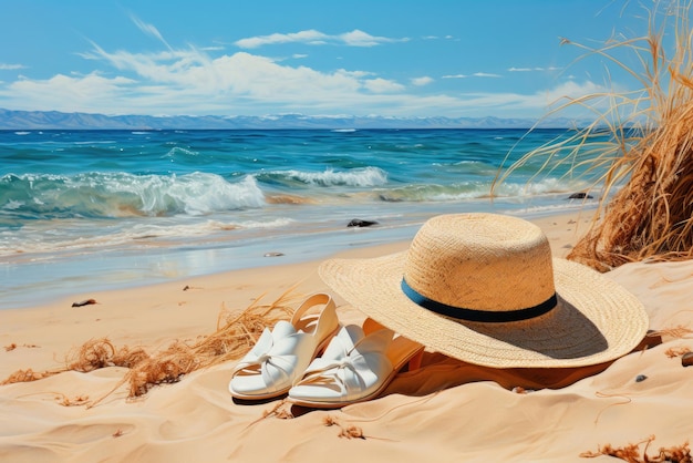 Foto sombrero de paja y sandalias en la arena de la playa el concepto de descanso y vacaciones de verano