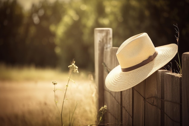 Foto un sombrero de paja sentado en una valla de madera ia generativa