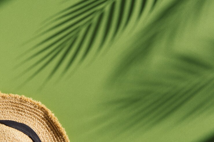 sombrero de paja sobre fondo verde con sombras