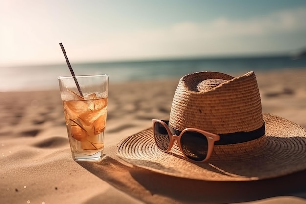 Un sombrero de paja y un sombrero de paja en una playa con paja y paja.