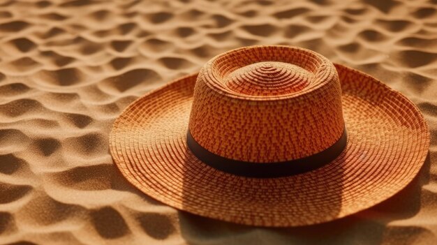 Foto sombrero de paja en la textura de la playa de arena.