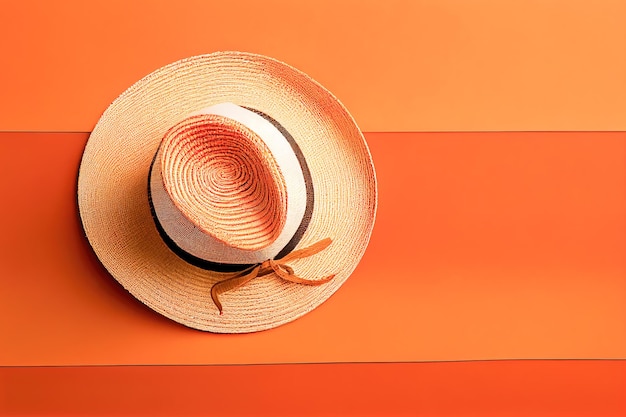 Sombrero de paja en la vista superior de fondo naranja IA generativa