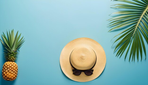 Un sombrero y una palmera sobre un fondo azul