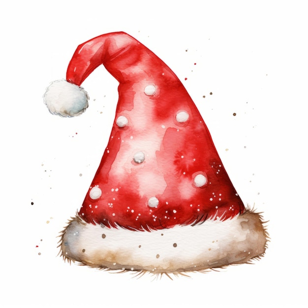 Sombrero de Papá Noel acuarela aislado sobre fondo blanco Ilustración dibujada a mano