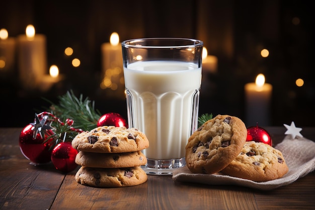 Sombrero de Papá Noel y galletas en mesa de madera