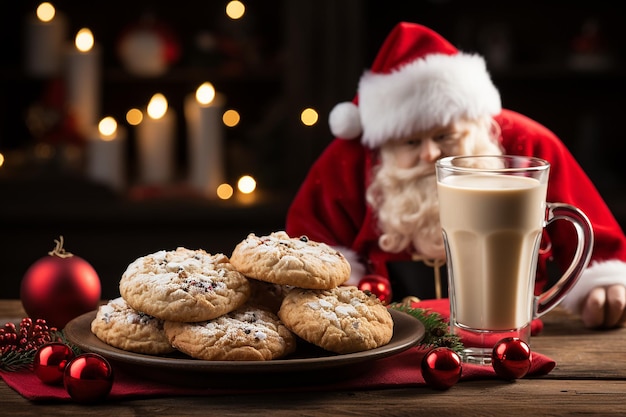 Sombrero de Papá Noel y galletas en mesa de madera